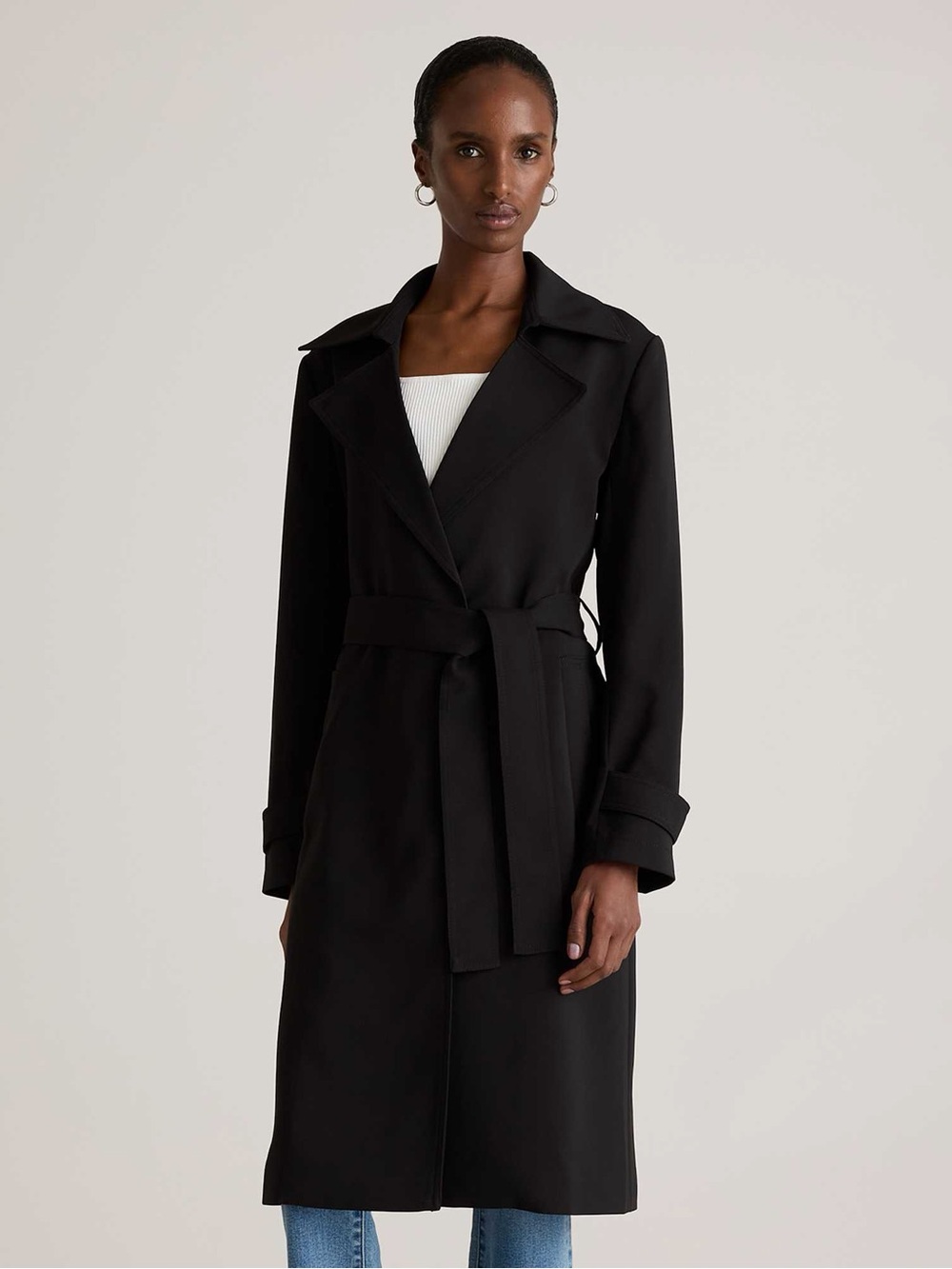 Quince Stretch Crepe Trench Coat - Black size small wrinkle-resistant silhouette
